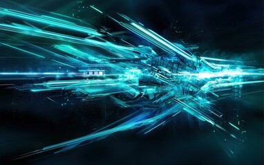 Poster - Bright blue futuristic digital design with sharp lines and glowing effects representing advanced technology in motion