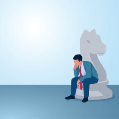 A man sits thinking next to a white knight. Illustration for business strategy, planning and analysis, business development.