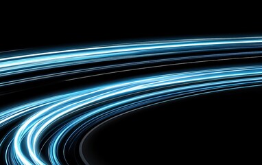 Poster - Bright blue light trails create a dynamic abstract design against a dark background, symbolizing motion and energy in a digital landscape