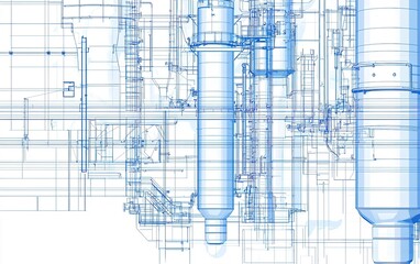 Poster - Detailed technical illustration of industrial machinery components in a blueprint style, showcasing intricate designs and connections