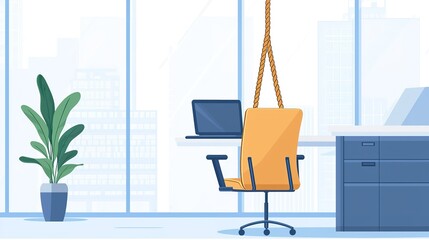Poster - A modern office setup featuring a suspended chair and indoor plant in a bright workspace with large windows
