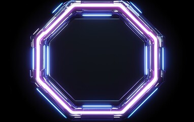 Poster - Neon octagonal frame with glowing lights on a dark background creating a modern and futuristic atmosphere