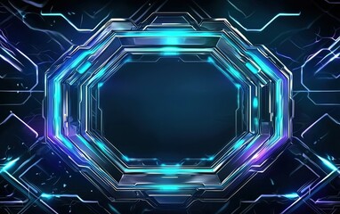 Poster - Futuristic octagonal metallic frame with glowing neon accents against a digital background