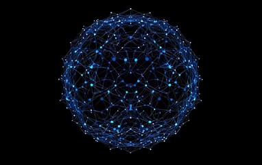 Poster - A vibrant, interconnected network of blue nodes forming a spherical shape against a black background