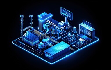 Poster - A futuristic industrial complex illuminated with blue neon lights showcasing advanced technology and machinery in a digital environment