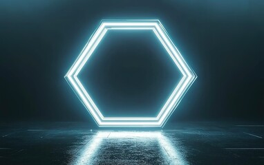 Poster - Illuminated hexagon shape glowing in a dark setting with reflections on the floor, creating a modern and futuristic atmosphere