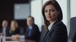 © yj - confident female boss listening to report at conference table. group board management.
