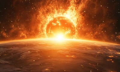 Wall Mural - Celestial scene of a fiery sun rising over Earth.