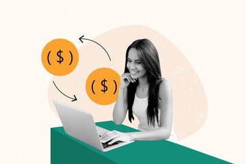 Aufkleber - Creative photo collage young woman golden coins dollar currency trader money finance investor internet online earnings freelancer