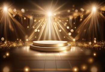 Wall Mural - a circular golden podium sits on a tiled floor bathed in warm, golden light. the podium is illuminat