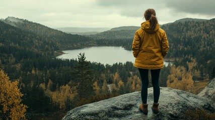 An arctic hiker contemplates the vast arctic landscape of Stora Sjofallet National Park, Sweden, on a rainy autumn day. Lapland mountains and valleys, Ahkka massif.