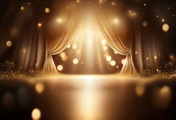 Poster - a pair of golden curtains are pulled open to reveal a bright spotlight shining on a dark stage.