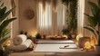 © Tarinee - A cozy yoga nook with a yoga mat rolled out and various accessories like a bolster and straps, accompanied by natural elements such as plants and soft lighting