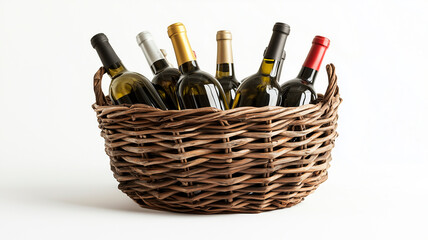 Rustic basket with assorted wine bottles on white background