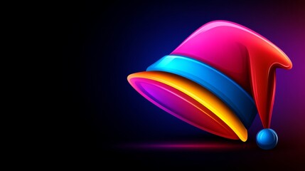 Poster - Colorful rainbow with a red hat on top of it. The rainbow is very colorful and vibrant. Shiny abstract santa's hat on dark background, clean line and shape