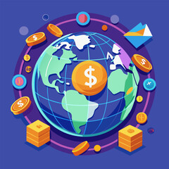 A vibrant illustration of a globe surrounded by currency symbols, signifying global finance, trade, and economic interdependence. Perfect for illustrating concepts related to money, business.