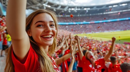 Enthusiastic female soccer fan dressed in red cheering and celebrating her team's victory with raised arms and joyful expression during a championship match at a crowded stadium.