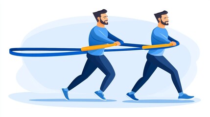 Two Men Pulling Blue Ribbon Teamwork Concept Illustration