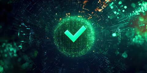 Aufkleber - A green check mark is displayed in a futuristic setting