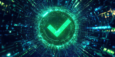 Poster - A green check mark is displayed in a futuristic, computerized setting