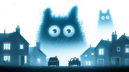 A large, fuzzy, black cat with glowing eyes stands between two cars in a small town at night.