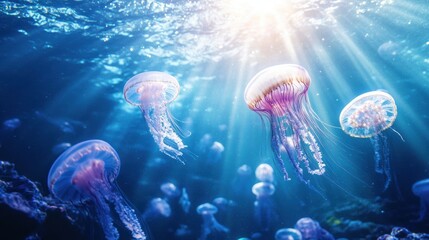 Beautiful glowing jellyfish in deep sea closeup view. Abstract background.