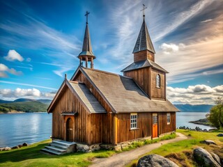 a wooden church building on the river bank near a rural area, with beautiful natural scenery