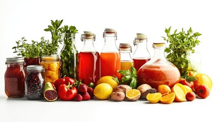 a set of supermarket items, from beverages to fresh produce, placed against a white background for c