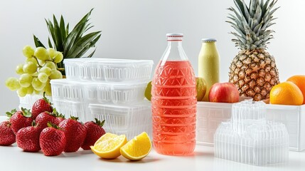 a set of supermarket items, from beverages to fresh produce, placed against a white background for c