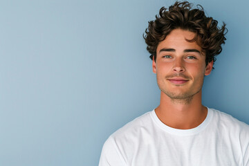 Young man with curly hair smiles against a light blue background, showcasing a casual and cheerful demeanor in a relaxed indoor setting