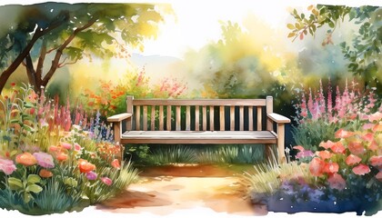 Illustrated serene garden with a wooden bench, surrounded by blooming flowers and lush greenery under soft sunlight