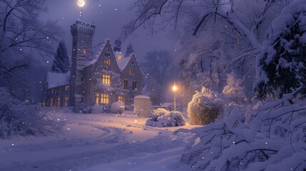 Snow-Covered Castle with Illuminated Windows Under Full Moon in Winter Night