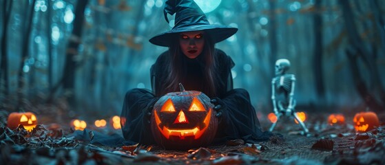 Dark and eerie scene featuring a witch with glowing red eyes holding a Jack-O'-Lantern. Surrounded by flickering pumpkins and a skeleton in a misty forest under a full moon