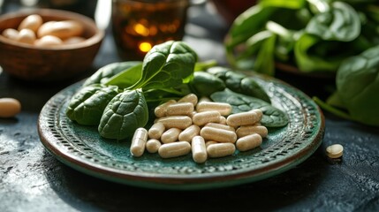 Nutritional Supplements and Fresh Spinach Arrangement on Plate