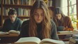 © Cherrin - A focused student reads a book in a cozy library, surrounded by others engaged in study, creating a serene academic atmosphere.