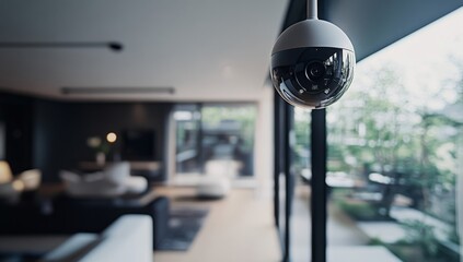 smart home security camera is mounted on the ceiling of open-plan living room, with panoramic windows and modern decor in the background