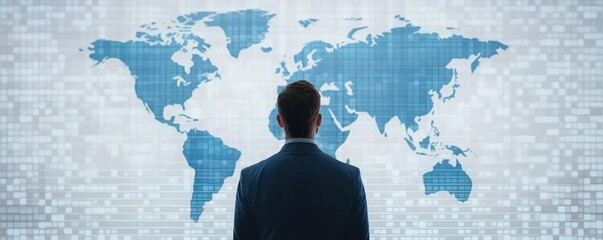 Poster - financial analyst in front of digital world map