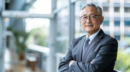 Confident senior businessman in suit smiling with arms crossed.