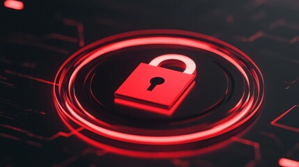 A vibrant red digital lock symbol stands out against a sleek black background, encircled by a glowing ring. Abstract circuits suggest advanced technology and cybersecurity themes.