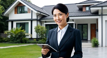 asian real estate agent showing house confident demeanor business suit property with modern design c