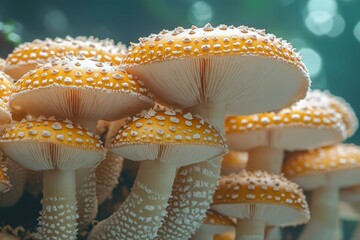 Wall Mural - Close-up of Yellow and White Spotted Mushrooms in a Forest Setting