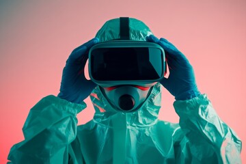 close-up photo of scientist in hazmat suit and VR headset on light minimalist background 