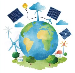 Clean Energy: Earth with Wind Turbines, Solar Panels, and Trees in Blue and Green - Vector Watercolor Illustration