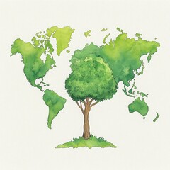 Nature's World: Vibrant Green Watercolor Map with Tree Silhouettes Depicting Environmental Awareness