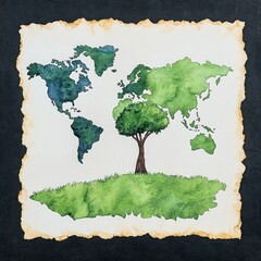 Nature's World: Vibrant Green Watercolor Map with Tree Silhouettes Depicting Environmental Awareness