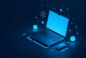 Poster - A laptop is on a table with a mouse device next to it
