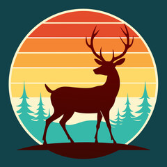 deer  Silhouette on Retro Vintage Background Vector Art Illustration T- shirt Design Art