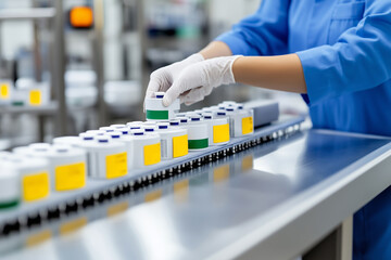 Poster - Worker carefully attaching labels to products on a production line in a factory