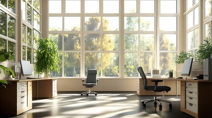 Poster - Bright, modern office space with large windows and plants for a productive work environment.