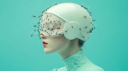 A futuristic portrait of woman wearing sleek helmet covered in ants, set against vibrant turquoise background. image evokes sense of surrealism and intrigue